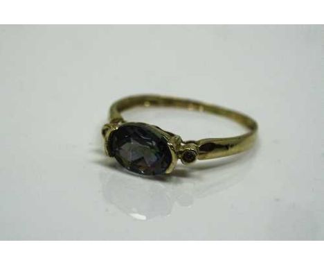 A 10ct gold mystic topaz ring, 8 mm x 6 mm stone, size M/N.