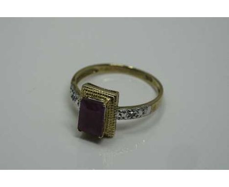 A 10ct gold emerald cut ruby and diamond ring, the ruby measures 7 mm x 5 mm, size M/N.