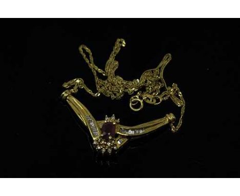 A 10ct yellow gold diamond and ruby pendant suspended on an 18ct gold chain, approximate diamond weight 0.5ct.