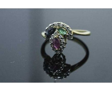 A 10ct gold ruby, sapphire, emerald and diamond ring, size M/N.