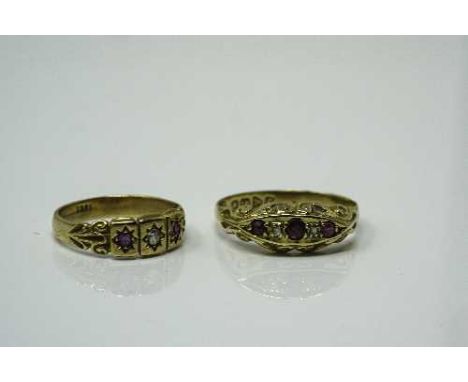 Two antique 18ct gold ruby and diamond rings, sizes P &amp; J. (2)