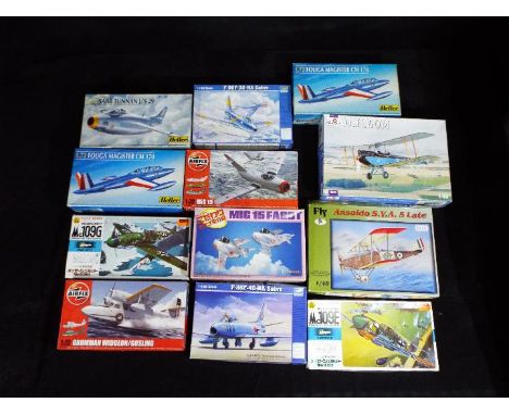 Heller, Hasegawa, AirfixTrumpeter , Others - 12 plastic model aircraft kits in various scales. Lot includes Heller #80220 1:7
