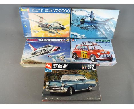 Five boxed model kits in varying scales by Tamiya, Revell, Fujimi and other comprising Morris Mini Cooper 1275S Rally, '57 Be