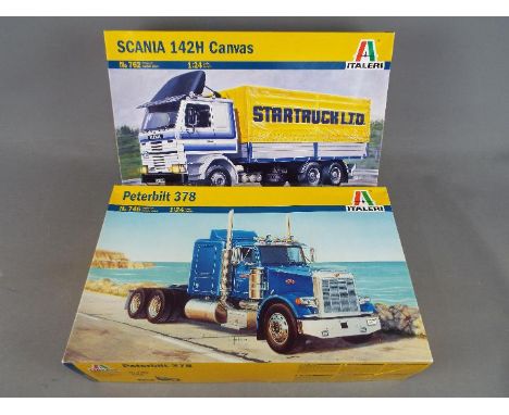 Italeri - 2 Boxed Plastic Model Kits in various scales. Lot includes Scania 142H Canvas No 762 1:24, Peterbilt 378 No 746 1:2