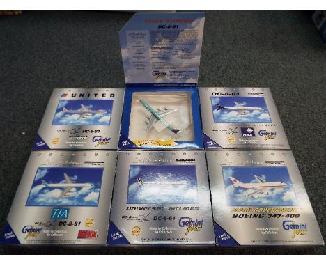 Gemini Jets - six diecast 1:400 scale model aeroplanes, various liveries, all appear mint in hinge-lidded window boxes  - Est