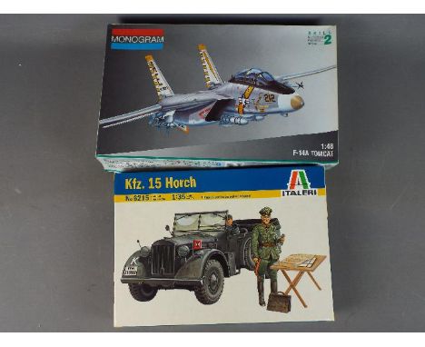 Monogram, Italeri - Two boxed plastic model kits in various scales. Lot contains Monogram (appears unbuilt) 1:48 scale F-14A 