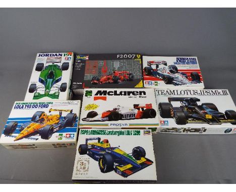 Seven boxed model kits of racing cars by Tamiya, Hasegawa, Revell and Protar in 1:20 and 1:24 scales to include J.P.S Mk III,