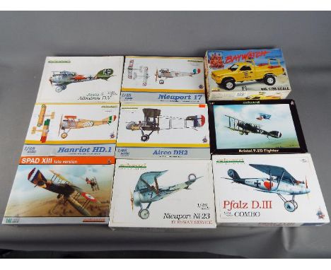 Eduard and Lindberg - 9 Boxed Plastic Model Kits in various scales. Lot includes Lindberg Baywatch Beach Patrol Kit No 72588 