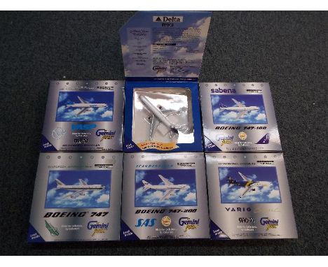 Gemini Jets - six diecast 1:400 scale model aeroplanes, various liveries, all appear mint in hinge-lidded window boxes  - Est