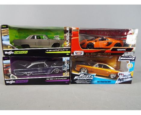 Maisto - four diecast 1:24 scale models, McLaren Spider, Dom's Plymouth Road Runner, Chevrolet Malibu and Ford Starliner, all