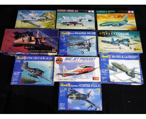 Ten model kits of aeroplanes in varying scales to include Tamiya 1:100 Ilyushin IL-28 Beagle, Dassault Mirage IIIC, Hasegawa 