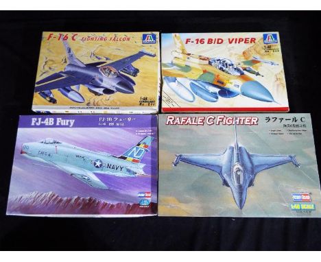 Four boxed 1:48 scale model kits of fighter planes to include Italeri # 848 F-16 B/D Viper and # 840 F-16C Fighting Falcon, H