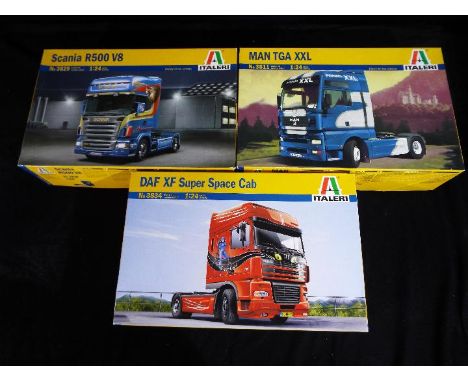 Italeri - Three boxed 1:24 scale models of trucks to include # 3834 DAF XF Super Space Cab, # 3811 MAN TGA XXL and # 3829 Sca