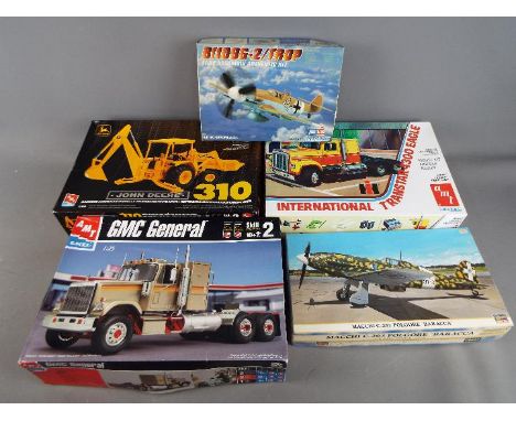 AMT Ertl, Hobby Boss and Hasegawa - 5 Boxed Plastic Model Kits in various scales. Lot includes AMT Ertl John Deere 310 Backho
