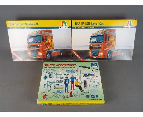 Italeri - Two 1:24 scale model kits by Italeri, both # 3855, DAF XF 105 Space Cab and an Italeri 1:24 scale Truck Accessories