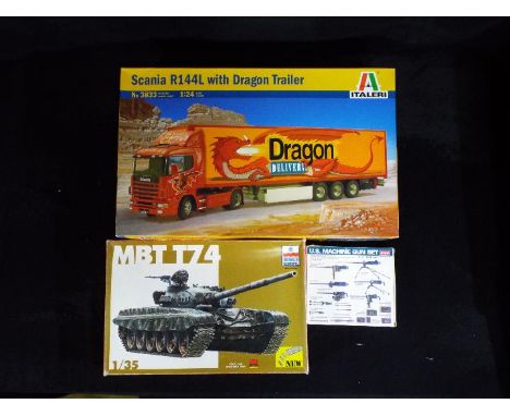 Italeri, esci, academy - Three boxed plastic model kits in various scales. Lot consists of Italeri #3833 1:24 Scania R144L wi
