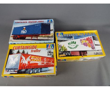 Italeri - Three boxed plastic 1;24 model truck trailer kits. Lot consists of Italeri #3809 Curtainside Trailer; #737 Containe