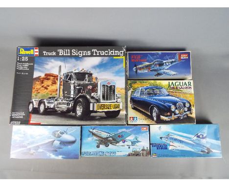 Tamiya, Revell, Hasegawa, Academy - Six boxed plastic model kits in various scales. Lot includes Tamiya #151 1:24 Jaguar Mk.I