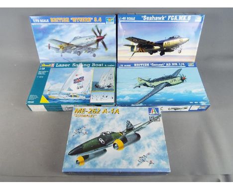 Five boxed model kits in varying scales comprising a 1:48 scale Trumpeter FGA.Mk.6 'Seahawk', a Trumpeter 1:72 scale British 