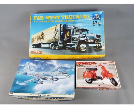 Italeri, Imai, Hasegawa - Three boxed plastic model kits in various scales. Lot consists of Italeri #709 1:24 Far West Trucki