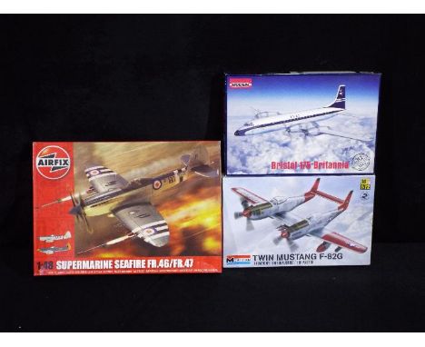 Airfix, Monogram, Roden - Three boxed plastic model kits in various scales. Lot includes Airfix 1:48 AO6103 Supermarine Spitf