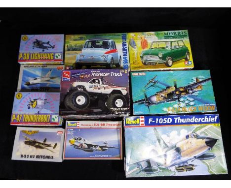 Hasegawa, Academy, Revell, Dragon, Tamiya, AMT - 10 boxed plastic model aircraft and vehicle kits in various scales. Lot incl