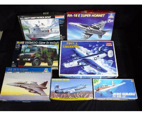 Bandai, Hasegawa, Academy, Monogram, Italeri - Seven boxed plastic model vehicle kits in various scales. Lot includes Hasegaw