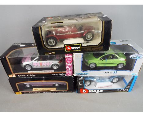 Maisto, Burago, Welly - five 1:18 scale metal diecast model motor cars comprising Maisto 1:18 1965 Pontiac, Audi TT Roadster;