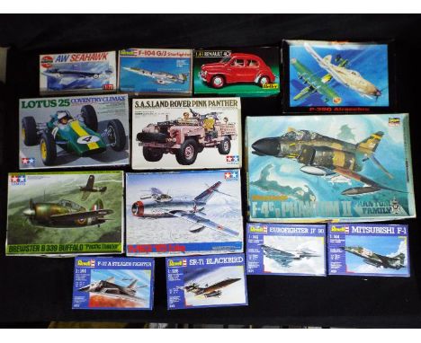 Airfix, Revell, Tamiya, Eduard, Hasegawa, Heller - 13 boxed plastic model aircraft and vehicle kits in various scales. Lot in