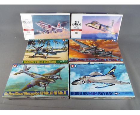 Six boxed model kits by Tamiya and Hasegawa in 1:48 scale to include Douglas F4D-1 Skyray, De Havilland Mosquito B Mk.VI/NF M