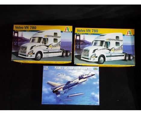 Italeri, Trumpeter - Three boxed plastic model kits in various scales. Lot includes Italeri #3818 1:24 Volvo VN780 (x2); and 