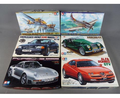 Tamiya - Six boxed model kits by Tamiya in 1:24 and 1:48 scales to include Alfa Romeo GTV,, Morgan 4/4, Porsche 959, Bristol 