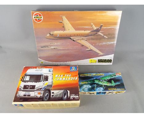 Three boxed model kits to include a 1:72 scale Airfix # A12050 BAe Nimrod, a 1:72 scale Academy Hobby Model Kits Fieseler FI.