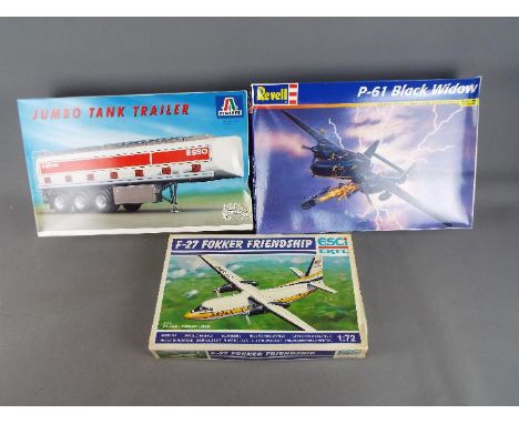 Esci Ertl, Italerie and Revell - 3 Boxed Plastic Model Kits, in various scales. Lot includes Revell P-61 Black Widow 1:48, It