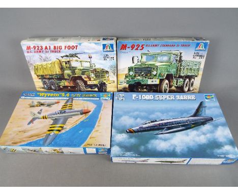 Trumpeter, Italeri - Four model kits in 1:48 and 1:35 scales to include Wyvern S4, F-100D Super Sabre, M-923 A1 Big Foot US A
