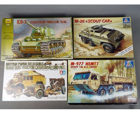 Four boxed model kits of military vehicles by Tamiya, Zvezda and Italeri, all in 1:35 scale to include M-20 Scout Car, M-977 