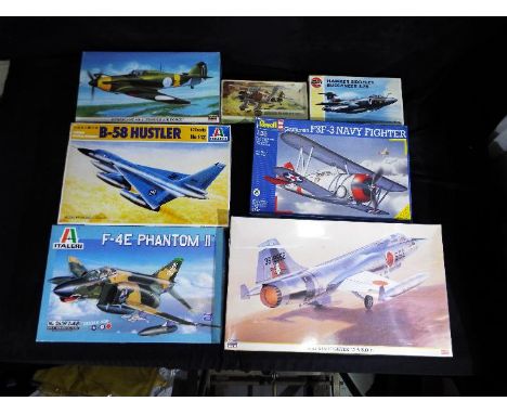 Hasegawa, Italeri, Airfix, Revell - Seven boxed plastic model aircraft kits in various scales. Lot includes Italeri #142 1:72