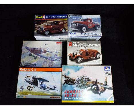 Revell, Italeri, Eduard, Roden, AMT -  Six boxed plastic model kits in various scales. Lot includes AMT #6572 1:25 1929 Ford 