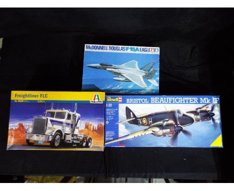 Tamiya, Revell, Italeri -  Three boxed plastic model kits in various scales. Lot includes Revell #04756 1:32 Bristol Beaufigh