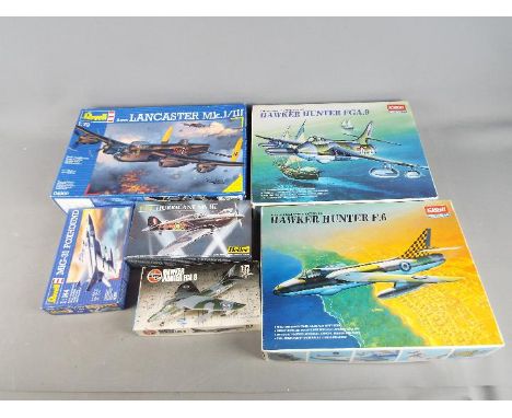 Six boxed model kits in varying scales to include Revell Avro Lancaster Mk.I/III and MiG-31 Foxhound, Academy Hobby Model Kit