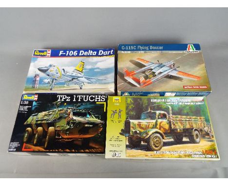 Italeri, Zvezda, Revell, Four boxed plastic model kits in various scales. Lot includes Zvedza #3596 1:35 Army Truck; Italeri 
