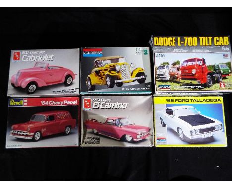 Six boxed model kits of classic American vehicles in 1:24 and 1:25 scale to include a Monogram '69 Talladega and a '32 Ford R