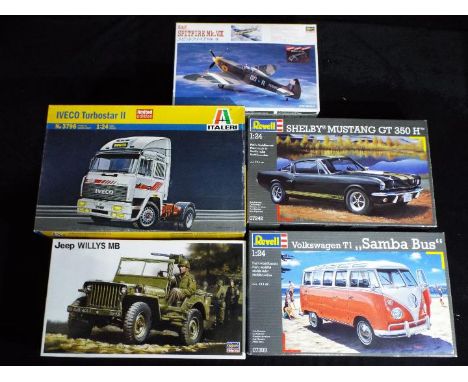 Hasegawa, Revell, Italeri - Five boxed plastic model vehicle kits in various scales. Lot includesHasegawa #03017 1:72 RAF Spi