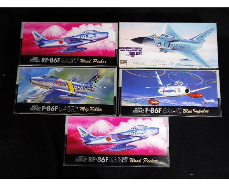 Fujimi and Hasegawa - Five 1:72 scale model kits of aeroplanes to include General Dynamics F-106A Delta Dart 714, F-86F Sabre