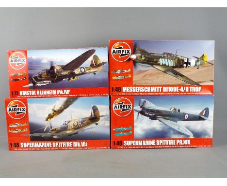 Airfix - Four boxed plastic model kits by Airfix in 1:48 and 1:72 scale. Lot consists of AO4017 1:72 Bristol Blenheim; AO5125