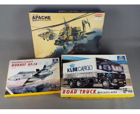 Italeri, Kangnam - Three boxed plastic model kits in various scales. Lot consists of Italeri #824 1:48 Hornet RF-18 Reconnais