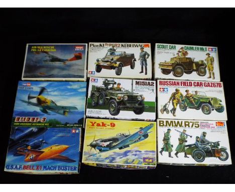 Tamiya, Minicraft, ICM, Hobby Boss, - Nine boxed plastic model vehicle kits in various scales. Lot includes Tamiya #16 BMW R7