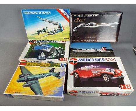 Italeri, Union, Airfix, Heller and Hasegawa - 6 Boxed Plastic Model Kits in various scales. Lot includes Hasegawa Learjet 35A