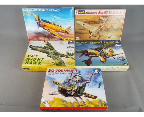 Five boxed model kits of aircraft by Heller, Revell and Italeri in varying scales to include Junkers Ju 87B Stuka, Westland L