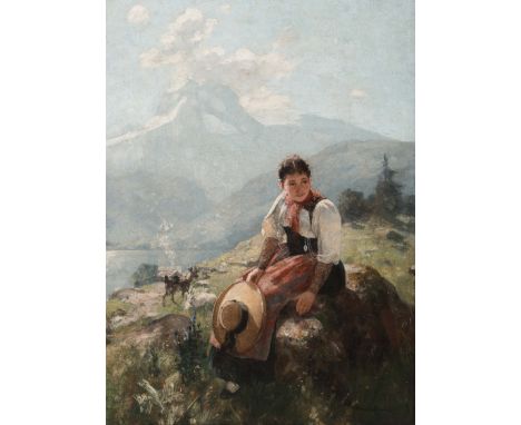 Bachmann, Hans (Winikon 1852–1917 Luzern)Berner Trachtenmächen mit ihren Ziegen, in sommerlicher Alplandschaft. Öl auf Leinwa